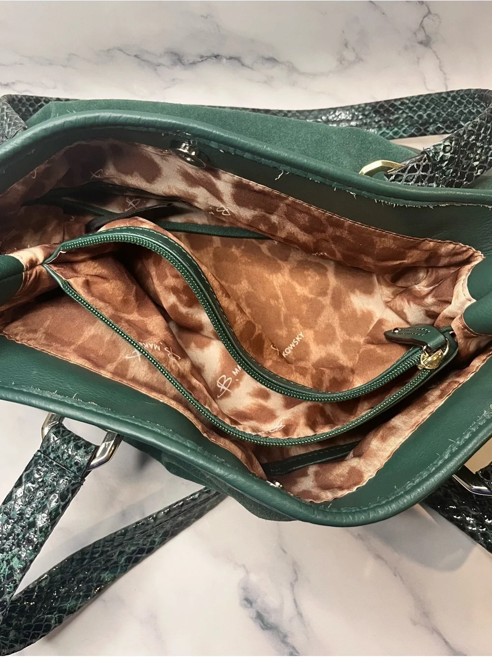 B Makowsky, Snakeskin Green Suede & Leather Shoulder Purse/Handbag Hobo